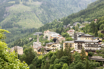A top view of the small town of Bad Gastein in the Austrian Alps with a copy space 