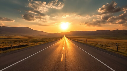 Obraz na płótnie Canvas Empty long mountain road to the horizon on a sunny summer day at bright sunset. Generative Ai