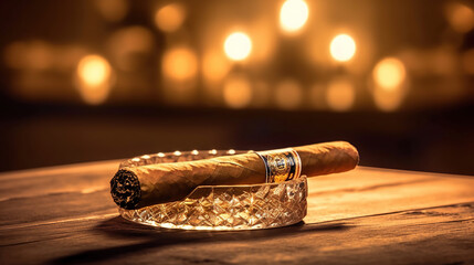Burning handmade luxury Cuban cigar resting. Generative Ai - obrazy, fototapety, plakaty
