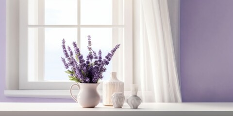 Window and lavender flower on table with sun light copy space blurred background, AI Generated