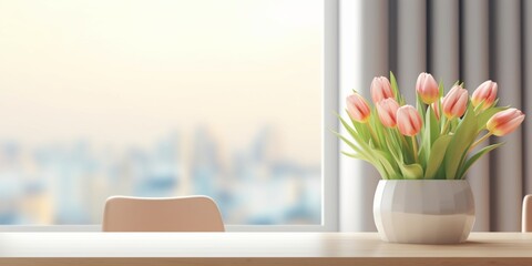 Window and Tulip flower on table with sun light copy space blurred background, AI Generated