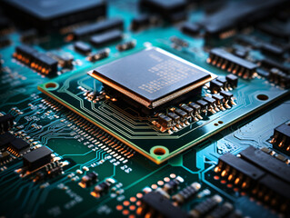 Fototapeta premium Computer Micro Chips and Electronic Circuit Motherboard with Technological Components generative ai