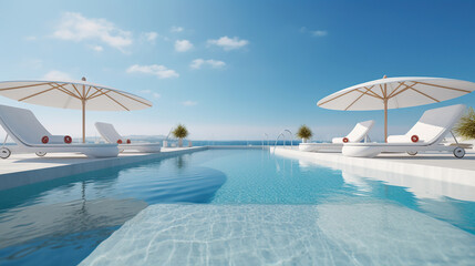 Fototapeta na wymiar The edge Luxury swimming pool with white fashion deckchairs on the beach. Generative Ai