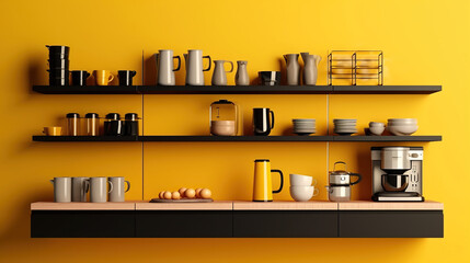 Modern shelving unit with dishware and kitchen counter near yellow wall. Generative Ai