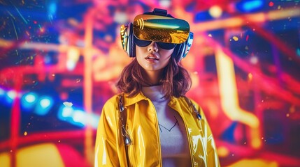 Fototapeta premium Portrait of a beautiful asian woman wearing virtual reality goggles.Generative Ai