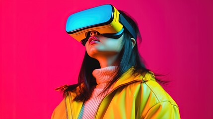 Portrait of a beautiful asian woman wearing virtual reality goggles.Generative Ai