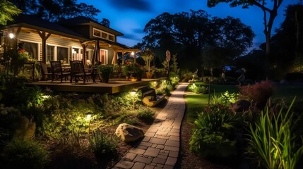 Obraz premium Nighttime oasis: LED light posts adorn garden