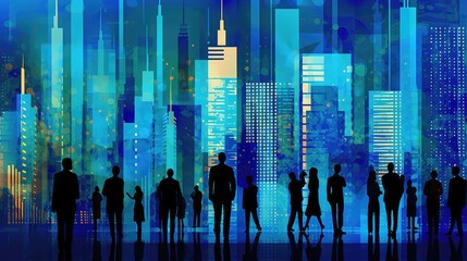 man and women standing in front of abstract business background