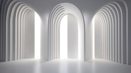 3D Abstract arch Blank white interior room background ,empty white walls corner and white wood floor contemporary,3D rendering