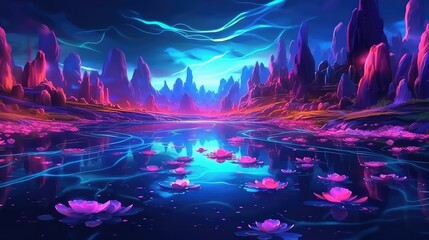 Fototapeta na wymiar neon forest for electric dance music festival, colorful virtual reality forest swamp lily mountain glowing sky and flowers, very good for presentation background