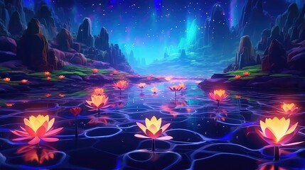 neon electric forest for electric dance music festival, colorful virtual reality forest swamp lily mountain glowing sky and flowers, very good for presentation background