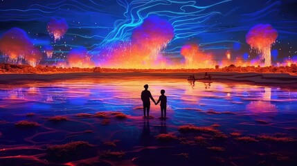 beautiful neon background for presentation, Neon glowing fire in the lake with glowing forest with water inside magical environment, virtual reality world with Neon 3d Abstract Landscape