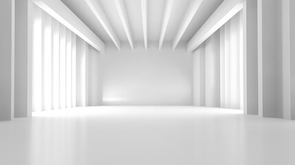Fototapeta na wymiar White empty minimal room with light rays for presentation background white ambiance Universal minimalistic white background for presentation. A light white wall in the interior and lighting and a smoo