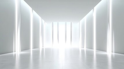 Empty white minimal room with light rays for presentation background , white ambiance Universal minimalistic white background for presentation. A light white wall in the interior and lighting and a sm