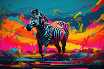 Surreal psychedelic zebra artwork with bright colors.  Generative AI