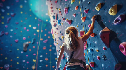 Rock climber woman hanging on a bouldering climbing wall. Generative Ai - obrazy, fototapety, plakaty