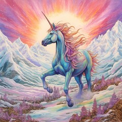Majestic unicorn prancing across the snow (ai generated)
