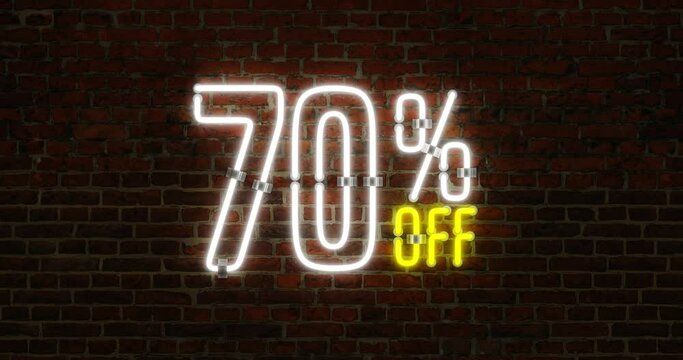 3D Flickering Animation of 70 Percent Off Neon Discount Sign Over a Brick Wall Background