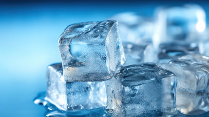 Frozen ice cubes in an ice cube maker ice box with a layer of hoarfrost on the ice cubes. Generative Ai