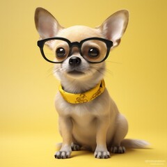 dog animal glasses cute yellow pet puppy chihuahua background smart portrait. Generative AI.