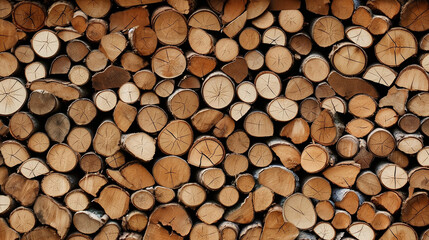 Natural wooden background,closeup of chopped firewood. Firewood stacked and prepared for winter Pile of wood logs. Generative Ai