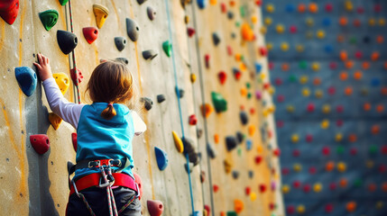 Little Girl Climbing Rock Wall. Generative Ai