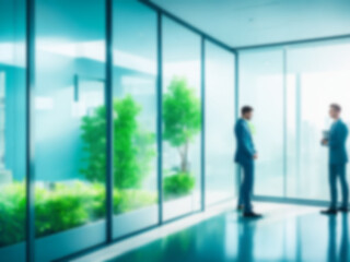 Green, light blue, plants and nature backgrounds are offices in the building. It is a glass room with furniture. And there are employees standing and talking to customers. Blurred images are used for 
