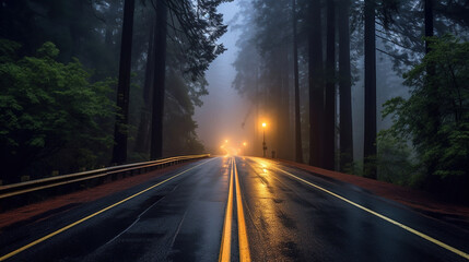 Fototapeta premium Foggy Straight Redwood Highway. Generative Ai