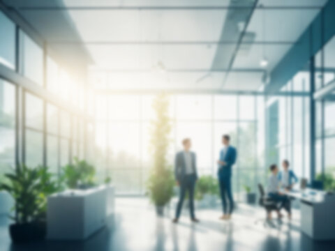 Green, light blue, plants and nature backgrounds are offices in the building. It is a glass room with furniture. And there are employees standing and talking to customers. Blurred images are used for 