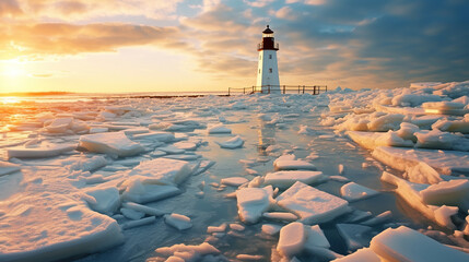 Winter on shore of the Baltic Sea. Lighthouse in ice. Generative Ai - obrazy, fototapety, plakaty