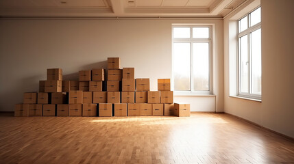 Stack of cardboard boxes in the empty room with copy space. Generative Ai