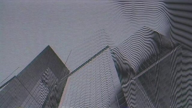White and black wavy stripes form the outlines of skyscrapers and passing clouds. Cinematic modulation.
