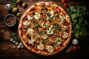 Pizza Rustica - Marinara sauce, mozzarella, artichoke hearts, kalamata olives, roasted garlic,...