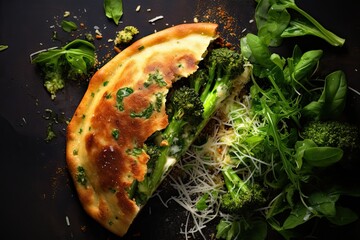 Broccoli Rabe and Olive Pizza Calzone, overhead shot from above, vegetarian dish