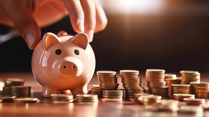 Hand putting coin on pig saving. business, investment, retirement, finance and Money Saving for the future concepts. Generative Ai