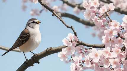 The bird standing on cherry blossom branch.

