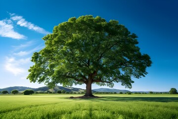 Fototapeta na wymiar 草原に佇む１本の大きな木　with generative ai