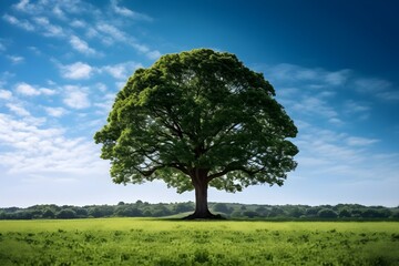 Fototapeta na wymiar 草原に佇む１本の大きな木　with generative ai