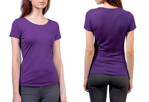 Photo realistic female purple t-shirts with copy space, front, and back view