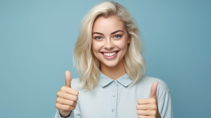 happy young blonde girl student or customer with broad smile, showing thumbs-up with both hands, Generative AI - obrazy, fototapety, plakaty
