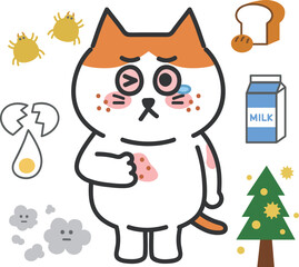 Itchy orange tabby cartoon cat has various allergic reactions, vector illustration.