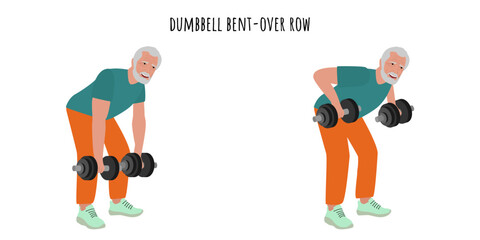 Senior man doing dumbbell bent-over row exercise