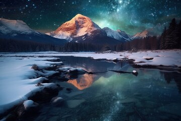 Beautiful winter landscape with mountain river and starry sky at night.Generative Ai