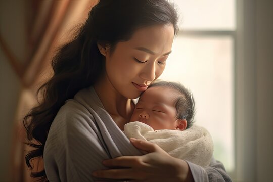 Asian mother hugging her baby with love and warmth at home, newborn baby. Generative AI