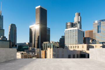 Skyscrapers Cityscape Downtown, Los Angeles Skyline Buildings. Beautiful Real Estate. Day time. Empty rooftop View. Success concept.