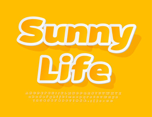 Fototapeta na wymiar Vector cute banner Sunny Life. Bright sticker Font. Yellow set of Alphabet Letters, Numbers and Symbols