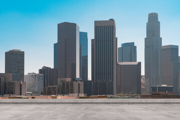 Fototapeta na wymiar Skyscrapers Cityscape Downtown, Los Angeles Skyline Buildings. Beautiful Real Estate. Day time. Empty rooftop View. Success concept.