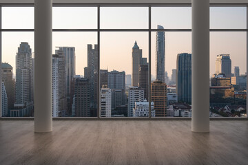 Obraz na płótnie Canvas Empty room Interior Skyscrapers View Bangkok. Downtown City Skyline Buildings from High Rise Window. Beautiful Expensive Real Estate overlooking. Sunset. 3d rendering.