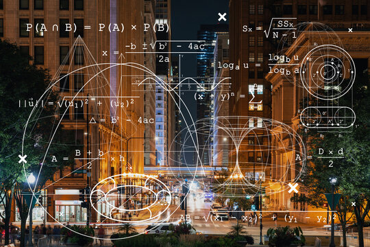 Chicago downtown area city view and Millennium Park area, night time, Illinois, USA. Skyscrapers of financial district. Education concept. Academic research, top ranking universities, hologram