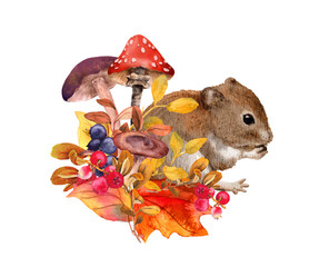 Cute mouse in autumn yellow leaves, mushrooms, forest berries, plants. Autumnal woodland design. Natural illustration with fungi, adorable rat animal watercolor card  - 616599272